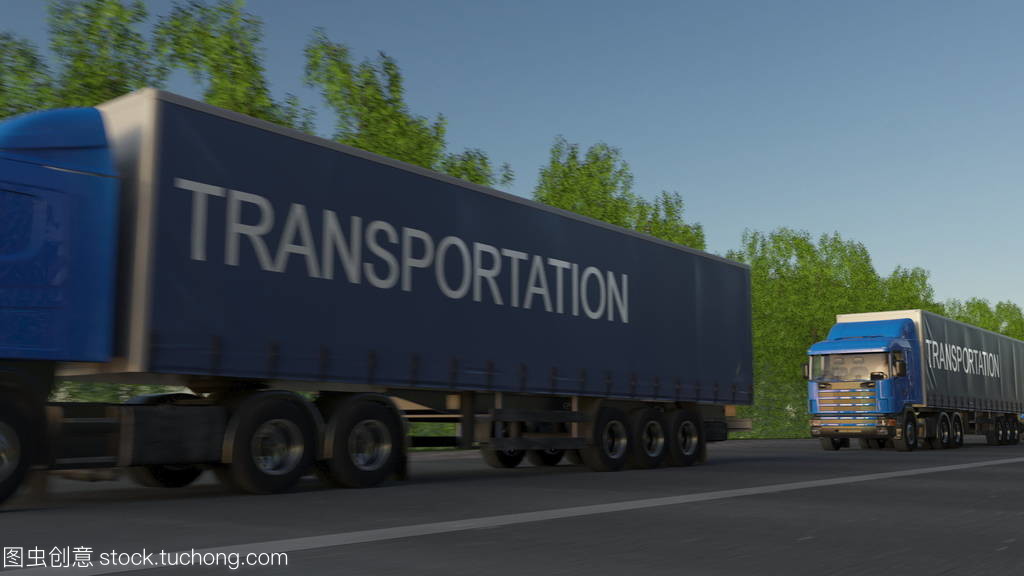 超速驾驶货运半卡车与拖车上运输标题。道路货物运输。3d 渲染
