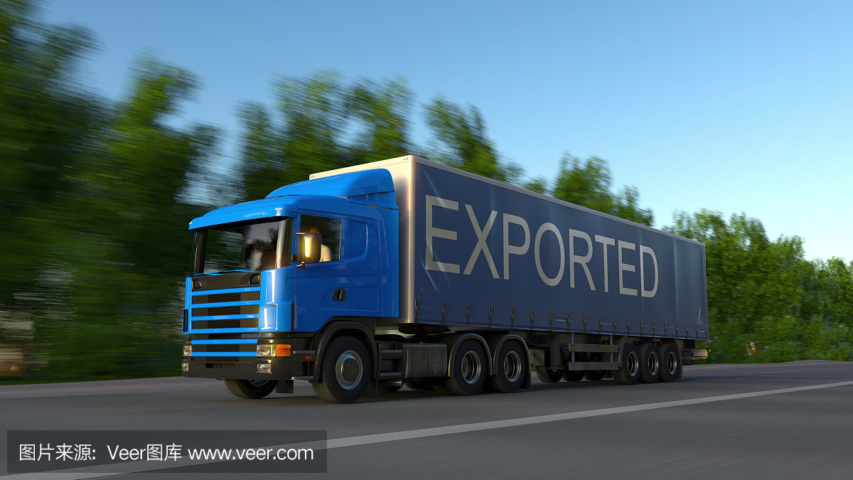 在拖车上有出口标题的货运半挂车超速行驶。道路货物运输。三维渲染